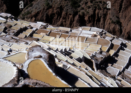 Détail des terrasses de sel inca de Las Salineras et des bassins d'évaporation à Maras, vu d'en haut, Vallée sacrée, région de Cusco, Pérou Banque D'Images