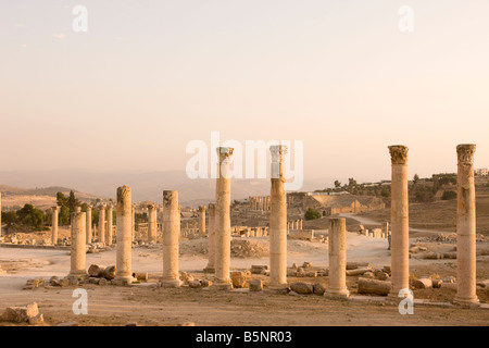 COLONNES DE PIERRE DE STYLE CORINTHIEN TEMPLE ROMAIN D'ARTEMIS RUINES JERASH JORDAN Banque D'Images