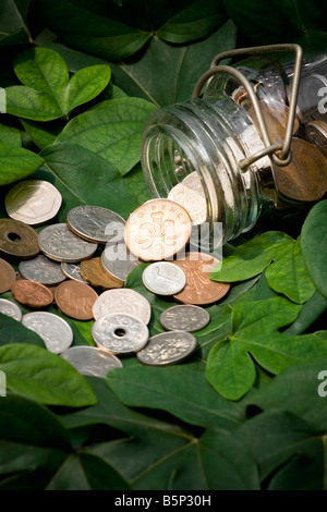 Pièces antiques déversés par un récipient en verre sur Vert feuilles Banque D'Images