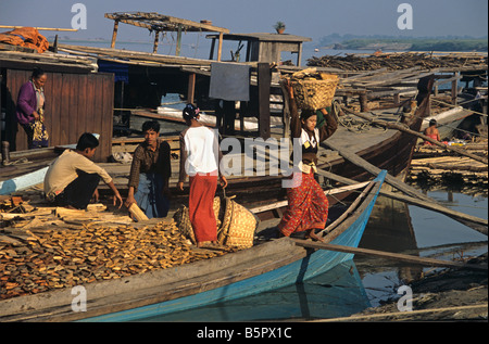 Bois de chauffage de déchargement d'un bateau sur le Fleuve Irrawaddy en Birmanie ou Myanmar Mandalay Banque D'Images