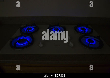 Allumé le gaz naturel cuisinière cuisson brûleurs sur Banque D'Images