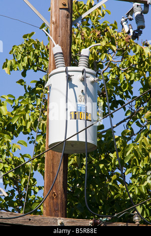 Transformateur électrique sur colonne d'alimentation Banque D'Images