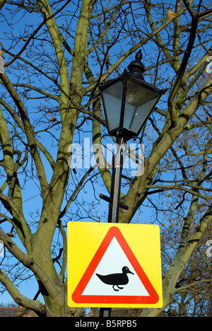 Panneau de circulation britannique de canards d'avertissement sur la route, fixé sur un lampadaire, basculant sur kew green au sud-ouest de Londres, Angleterre Banque D'Images