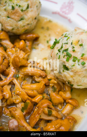 Canederli (Knödel) aux girolles (finferli) champignons. Plat typique du Tyrol du Sud, région Trentin-Haut-Adige, Italie. Banque D'Images