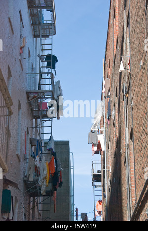 Alley avec des vêtements accroché sur le feu s'échappe pour sécher situé dans le quartier chinois San Francisco California Banque D'Images