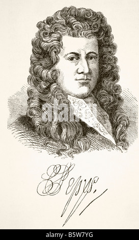 Samuel Pepys, 1633-1703. Anglais diariste et administrateur naval. Portrait et signature. Banque D'Images