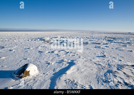 La neige a balayé d'une vue sur la baie d'Hudson des rives du parc national Wapusk, Manitoba, Canada Banque D'Images