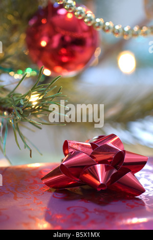 Un pin frais traditionnels de Noël avec les cadeaux emballés joliment et présente en-dessous Banque D'Images