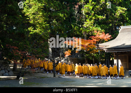 Les moines shingon bouddhistes prient dans Danjo Garan KOYASAN complexe monastique en Japon Banque D'Images