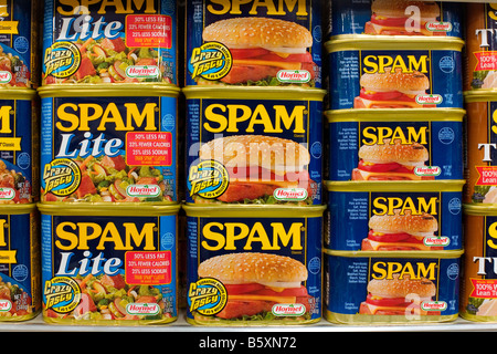 Hormel Foods' Spam de la viande en conserve sur une étagère de supermarché. Banque D'Images