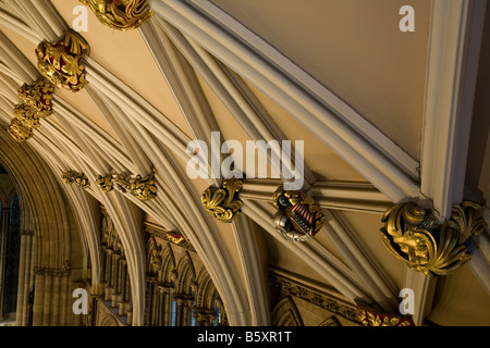 Le transept sud restauré toit de la cathédrale de York, York, Angleterre, montrant les patrons Banque D'Images