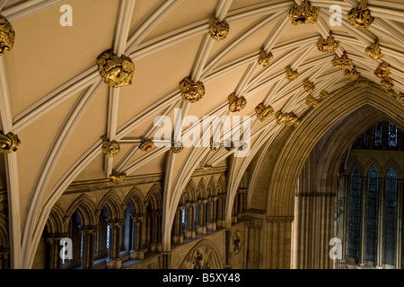 Le transept sud restauré toit de la cathédrale de York, York, Angleterre, montrant les patrons Banque D'Images