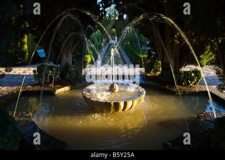 Lumière du soir met en évidence des jets d'eau dans les jardins du Generalife, La Alhambra, Granada, Andalousie, espagne. Banque D'Images