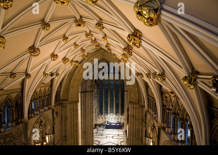 Le transept sud restauré toit de la cathédrale de York, York, Angleterre, montrant les pierres tombales doré dans le plafond du 15e siècle Banque D'Images