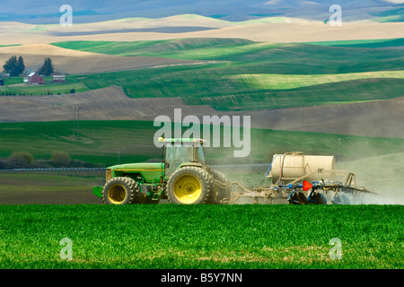 Pulvériser le blé d'hiver pour lutter contre les mauvaises herbes dans la région de Washington Palouse Banque D'Images