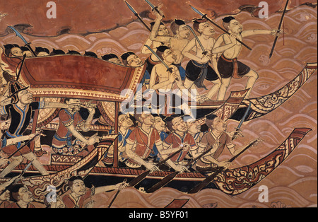 Des soldats thaïlandais illustré dans des peintures murales illustrant la chute d'Ayutthaya en 1767, du Palais de Thonburi, Bangkok Banque D'Images