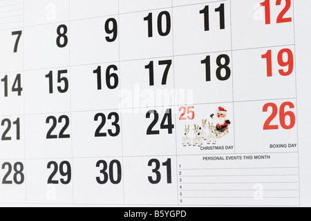 La page Calendrier montrant le 25 décembre Jour de Noël et le 26 décembre Boxing Day Banque D'Images