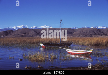 Des bateaux de pêche à Puerto Perez, Cordillère Real derrière, le Lac Titicaca, en Bolivie Banque D'Images