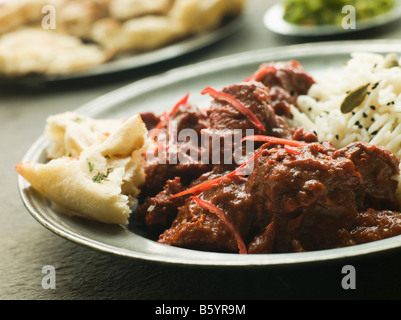 Plaque en étain avec viande Phall basmati parfumé et Naan Banque D'Images