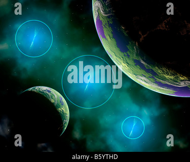 Les planètes en orbite autour d'un système d'Étoiles Trinary Banque D'Images