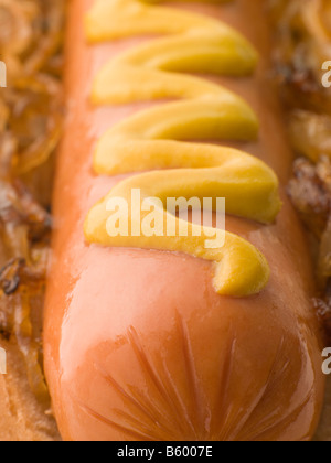 Hot Dog avec oignons frits et de la moutarde Banque D'Images