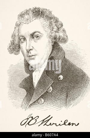 Richard Brinsley Sheridan, 1751 - 1816. Dramaturge et politicien Anglo Irish. Son portrait et signature Banque D'Images