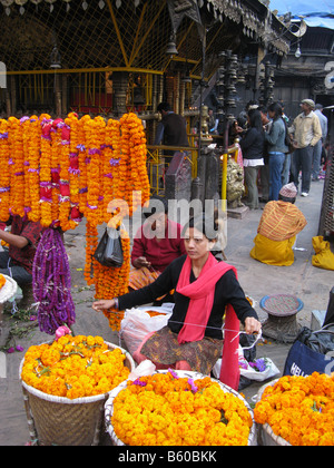 Marchande de fleurs au marché tôt le matin dans la région de Asan Tol Katmandou, Népal. Banque D'Images