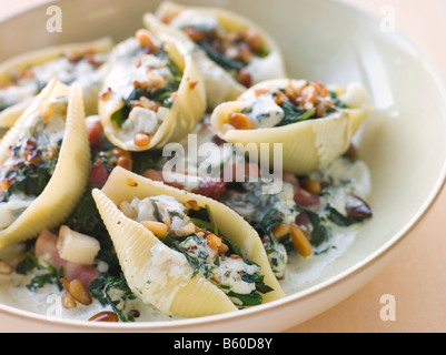 Coquilles de pâtes aux épinards Conchiglioni Pancetta Pignons et Crème de Gorgonzola Banque D'Images