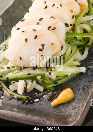 De Pétoncles Sashimi Plongée concombre Salade sésame et Mouli Banque D'Images