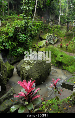 Rock avec semi-reliefs sur un chemin menant à la Grotte des éléphants de Goa Gajah, Ubud, Bali, Indonésie, Asie du sud-est Banque D'Images