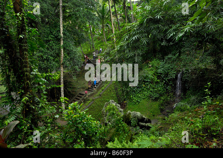 Les touristes de grimper les escaliers menant à la Grotte des éléphants de Goa Gajah, jungle, Ubud, Bali, Indonésie, Asie du sud-est Banque D'Images