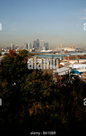 Vue sur Canary Wharf de Maryon Park, Charlton, Londres Banque D'Images