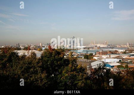 Vue panoramique de Canary Wharf à partir de Maryon Park, Charlton, Londres Banque D'Images