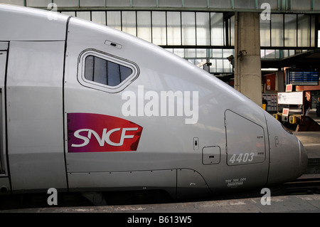 L'avant du TGV, le train pour Paris, à la gare centrale de Stuttgart, Bade-Wurtemberg Banque D'Images