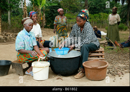 Femmes préparant maniok flakes à Bamenda, Cameroun, Afrique Banque D'Images