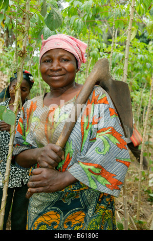 Femme portant une bêche pour travailler dans un champ de maniok, Bamenda, Cameroun, Afrique Banque D'Images