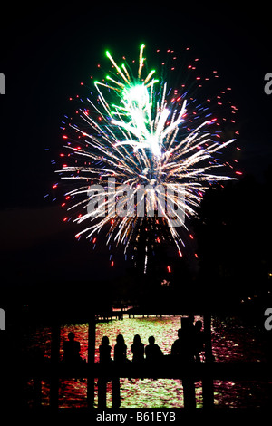 Les gens regardent le feu d'artifice sur l'eau à Irvington, va le mercredi 4 juillet 2007. Banque D'Images