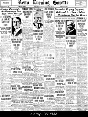 Première page d'un journal de 1929 dit le krach de Wall Street Banque D'Images