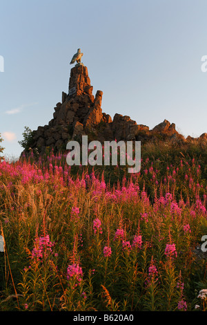 Aviator monument sur la Wasserkuppe plateau, en face d'elle ou l'Épilobe Rosebay Willowherb (Epilobium angustifolium), Rhoen, il Banque D'Images