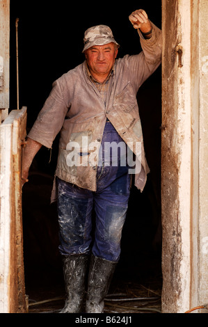 Farmer standing dans un cadre de porte, de prendre une pause de la peinture, Eckental, Middle Franconia, Bavaria, Germany, Europe Banque D'Images