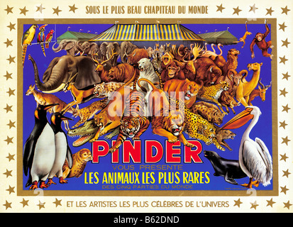 Les animaux de cirque Pinder 1950 affiche pour le voyageur français de la ménagerie des animaux rares du monde entier Banque D'Images