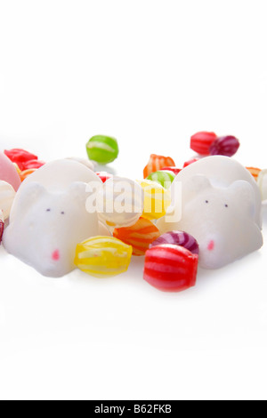 Les souris et le sucre candi bonbons durs colorés sur fond blanc Banque D'Images