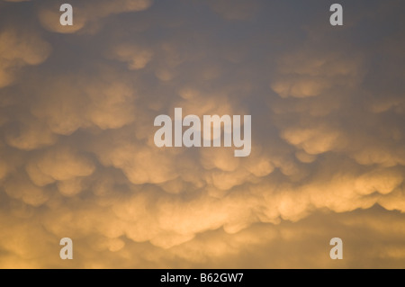 Rougeoyant étrange lumière sur underlit Mammatus nuages dans le ciel au coucher du soleil Banque D'Images