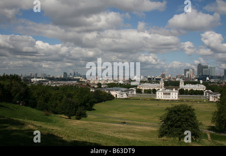 Portrait de Greenwich Park National Maritime Museum, Royal Naval College, grande roue et Dockland, Août 2008 Banque D'Images