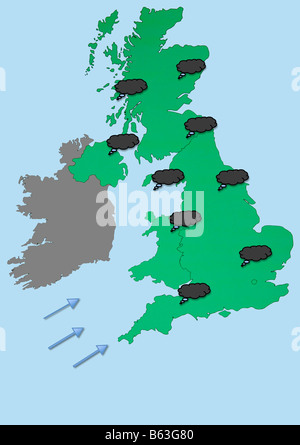 UK Météo Carte montrant des nuages de pluie et vent d'ouest du sud. La Grande-Bretagne Banque D'Images