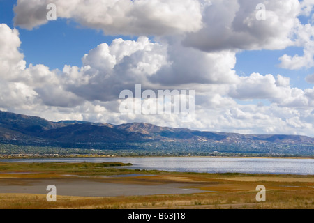 East Bay Bird Refuge sur le Grand Lac Salé avec la ville de Bountiful Utah dans l'arrière-plan Banque D'Images