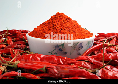 Bol plein de poudre de chili rouge, avec des tas de piments autour. Banque D'Images