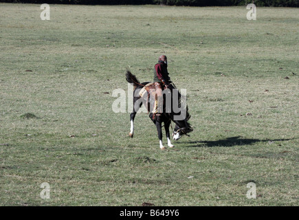 Un Africain American cowboy au Texas contre un tronçonnage bronco dehors sur la plage Banque D'Images