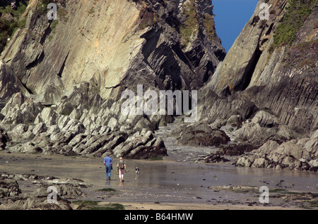 Un couple en train de marcher leur chien sur la plage avec des falaises spectaculaires Banque D'Images
