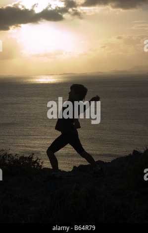 Silhouette de garçon en train de lancer un rocher St. John USVI Banque D'Images